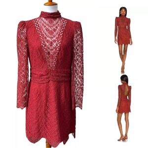 Saylor Celia A-Line Dress Red Lace Lined Long Sleeve Open Back Zip Large NEW